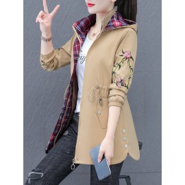 Plus Size Women's Floral Pattern Jacket - Casual Hooded Long Sleeve Outerwear with Zipper Front and Relaxed Fit