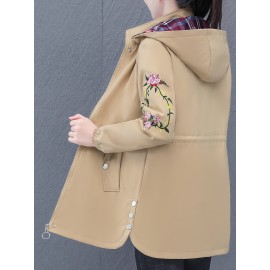 Plus Size Women's Floral Pattern Jacket - Casual Hooded Long Sleeve Outerwear with Zipper Front and Relaxed Fit Plus Size Women's Floral Pattern Jacket - Casual Hooded Long Sleeve Outerwear with Zipper Front and Relaxed Fit