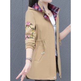 Plus Size Women's Floral Pattern Jacket - Casual Hooded Long Sleeve Outerwear with Zipper Front and Relaxed Fit Plus Size Women's Floral Pattern Jacket - Casual Hooded Long Sleeve Outerwear with Zipper Front and Relaxed Fit