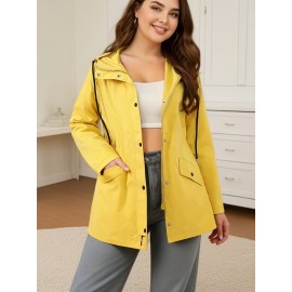 Chic Plus Size Hooded Windbreaker - Casual Solid Color, Drawstring Detail, Machine Washable - Perfect For Spring/Fall Chic Plus Size Hooded Windbreaker - Casual Solid Color, Drawstring Detail, Machine Washable - Perfect For Spring/Fall