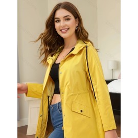 Chic Plus Size Hooded Windbreaker - Casual Solid Color, Drawstring Detail, Machine Washable - Perfect For Spring/Fall Chic Plus Size Hooded Windbreaker - Casual Solid Color, Drawstring Detail, Machine Washable - Perfect For Spring/Fall