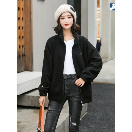 1pc Cozy Plus Size Women'S Casual Sherpa Jacket - Solid Color Polyester Knit Fabric with Slight Stretch, Stand Collar, Long Sleeve Zip-Up Top for Fall/Winter 1pc Cozy Plus Size Women'S Casual Sherpa Jacket - Solid Color Polyester Knit Fabric with Slight Stretch, Stand Collar, Long Sleeve Zip-Up Top for Fall/Winter