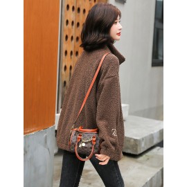 1pc Cozy Plus Size Women'S Casual Sherpa Jacket - Solid Color Polyester Knit Fabric with Slight Stretch, Stand Collar, Long Sleeve Zip-Up Top for Fall/Winter 1pc Cozy Plus Size Women'S Casual Sherpa Jacket - Solid Color Polyester Knit Fabric with Slight Stretch, Stand Collar, Long Sleeve Zip-Up Top for Fall/Winter