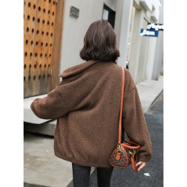 1pc Cozy Plus Size Women'S Casual Sherpa Jacket - Solid Color Polyester Knit Fabric with Slight Stretch, Stand Collar, Long Sleeve Zip-Up Top for Fall/Winter 1pc Cozy Plus Size Women'S Casual Sherpa Jacket - Solid Color Polyester Knit Fabric with Slight Stretch, Stand Collar, Long Sleeve Zip-Up Top for Fall/Winter