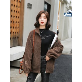 1pc Cozy Plus Size Women'S Casual Sherpa Jacket - Solid Color Polyester Knit Fabric with Slight Stretch, Stand Collar, Long Sleeve Zip-Up Top for Fall/Winter 1pc Cozy Plus Size Women'S Casual Sherpa Jacket - Solid Color Polyester Knit Fabric with Slight Stretch, Stand Collar, Long Sleeve Zip-Up Top for Fall/Winter