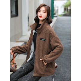 1pc Cozy Plus Size Women'S Casual Sherpa Jacket - Solid Color Polyester Knit Fabric with Slight Stretch, Stand Collar, Long Sleeve Zip-Up Top for Fall/Winter 1pc Cozy Plus Size Women'S Casual Sherpa Jacket - Solid Color Polyester Knit Fabric with Slight Stretch, Stand Collar, Long Sleeve Zip-Up Top for Fall/Winter