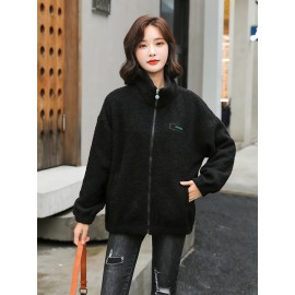 1pc Cozy Plus Size Women'S Casual Sherpa Jacket - Solid Color Polyester Knit Fabric with Slight Stretch, Stand Collar, Long Sleeve Zip-Up Top for Fall/Winter 1pc Cozy Plus Size Women'S Casual Sherpa Jacket - Solid Color Polyester Knit Fabric with Slight Stretch, Stand Collar, Long Sleeve Zip-Up Top for Fall/Winter