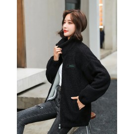1pc Cozy Plus Size Women'S Casual Sherpa Jacket - Solid Color Polyester Knit Fabric with Slight Stretch, Stand Collar, Long Sleeve Zip-Up Top for Fall/Winter 1pc Cozy Plus Size Women'S Casual Sherpa Jacket - Solid Color Polyester Knit Fabric with Slight Stretch, Stand Collar, Long Sleeve Zip-Up Top for Fall/Winter