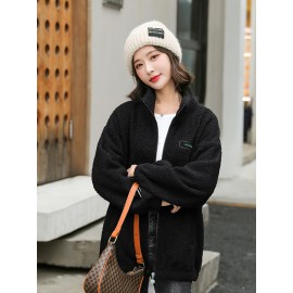 1pc Cozy Plus Size Women'S Casual Sherpa Jacket - Solid Color Polyester Knit Fabric with Slight Stretch, Stand Collar, Long Sleeve Zip-Up Top for Fall/Winter 1pc Cozy Plus Size Women'S Casual Sherpa Jacket - Solid Color Polyester Knit Fabric with Slight Stretch, Stand Collar, Long Sleeve Zip-Up Top for Fall/Winter