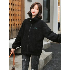 1pc Cozy Plus Size Women'S Casual Sherpa Jacket - Solid Color Polyester Knit Fabric with Slight Stretch, Stand Collar, Long Sleeve Zip-Up Top for Fall/Winter 1pc Cozy Plus Size Women'S Casual Sherpa Jacket - Solid Color Polyester Knit Fabric with Slight Stretch, Stand Collar, Long Sleeve Zip-Up Top for Fall/Winter
