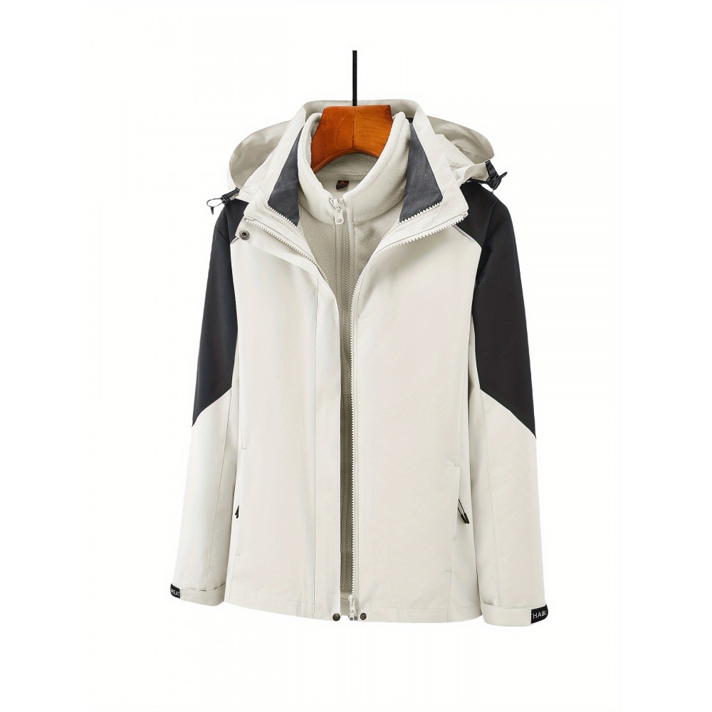 Women's Plus Size Outdoor 3-in-1 Jacket, Colorblock Waterproof Hooded Zip-up Windbreaker, Ideal For Autumn/Winter Hiking & Sports Women's Plus Size Outdoor 3-in-1 Jacket, Colorblock Waterproof Hooded Zip-up Windbreaker, Ideal For Autumn/Winter Hiking & Sports