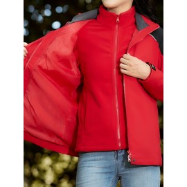 Women's Plus Size Outdoor 3-in-1 Jacket, Colorblock Waterproof Hooded Zip-up Windbreaker, Ideal For Autumn/Winter Hiking & Sports Women's Plus Size Outdoor 3-in-1 Jacket, Colorblock Waterproof Hooded Zip-up Windbreaker, Ideal For Autumn/Winter Hiking & Sports
