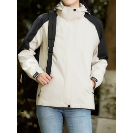 Women's Plus Size Outdoor 3-in-1 Jacket, Colorblock Waterproof Hooded Zip-up Windbreaker, Ideal For Autumn/Winter Hiking & Sports Women's Plus Size Outdoor 3-in-1 Jacket, Colorblock Waterproof Hooded Zip-up Windbreaker, Ideal For Autumn/Winter Hiking & Sports