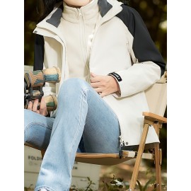 Women's Plus Size Outdoor 3-in-1 Jacket, Colorblock Waterproof Hooded Zip-up Windbreaker, Ideal For Autumn/Winter Hiking & Sports Women's Plus Size Outdoor 3-in-1 Jacket, Colorblock Waterproof Hooded Zip-up Windbreaker, Ideal For Autumn/Winter Hiking & Sports
