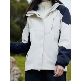 Plus Size Women's Fashion Hooded Jacket - Stylish Color Block Design, Long Sleeve with Adjustable Drawstring Waist, Water-Resistant and Breathable Fabric for Outdoor Enthusiasts, Perfect for Fall and Winter Activities