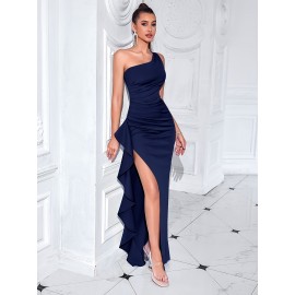 Elegant One Shoulder Split Ruffle Hem Maxi Dress, Sleeveless Slim-Fit Party & Banquet Dress for Women Elegant One Shoulder Split Ruffle Hem Maxi Dress, Sleeveless Slim-Fit Party & Banquet Dress for Women