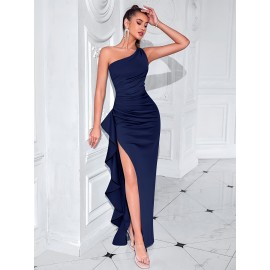 Elegant One Shoulder Split Ruffle Hem Maxi Dress, Sleeveless Slim-Fit Party & Banquet Dress for Women Elegant One Shoulder Split Ruffle Hem Maxi Dress, Sleeveless Slim-Fit Party & Banquet Dress for Women