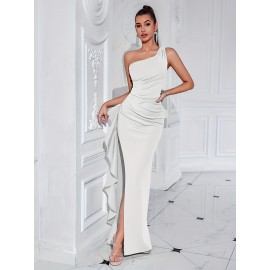 Elegant One Shoulder Split Ruffle Hem Maxi Dress, Sleeveless Slim-Fit Party & Banquet Dress for Women Elegant One Shoulder Split Ruffle Hem Maxi Dress, Sleeveless Slim-Fit Party & Banquet Dress for Women