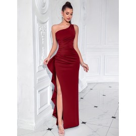 Elegant One Shoulder Split Ruffle Hem Maxi Dress, Sleeveless Slim-Fit Party & Banquet Dress for Women Elegant One Shoulder Split Ruffle Hem Maxi Dress, Sleeveless Slim-Fit Party & Banquet Dress for Women