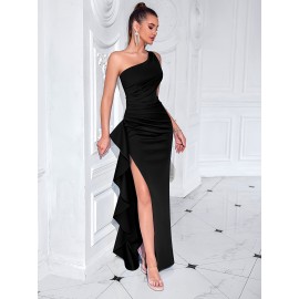 Elegant One Shoulder Split Ruffle Hem Maxi Dress, Sleeveless Slim-Fit Party & Banquet Dress for Women Elegant One Shoulder Split Ruffle Hem Maxi Dress, Sleeveless Slim-Fit Party & Banquet Dress for Women