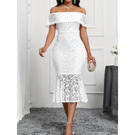 Lace Splicing Of Shoulder Formal Dress, Elegant Mermaid Hem Evening Dress For Party & Banquet, Women's Clothing Lace Splicing Of Shoulder Formal Dress, Elegant Mermaid Hem Evening Dress For Party & Banquet, Women's Clothing