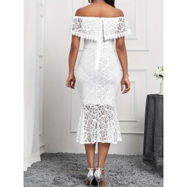 Lace Splicing Of Shoulder Formal Dress, Elegant Mermaid Hem Evening Dress For Party & Banquet, Women's Clothing Lace Splicing Of Shoulder Formal Dress, Elegant Mermaid Hem Evening Dress For Party & Banquet, Women's Clothing