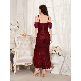 Stunning Sequined Fitted V-Neck Dress - Glamorous Ruffle Trim, Split Hem, Mid-Elastic Polyester Fabric, Elegant Solid Color Design for Wedding, Engagement, Party, and Banquet Occasions Stunning Sequined Fitted V-Neck Dress - Glamorous Ruffle Trim, Split Hem, Mid-Elastic Polyester Fabric, Elegant Solid Color Design for Wedding, Engagement, Party, and Banquet Occasions