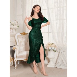 Stunning Sequined Fitted V-Neck Dress - Glamorous Ruffle Trim, Split Hem, Mid-Elastic Polyester Fabric, Elegant Solid Color Design for Wedding, Engagement, Party, and Banquet Occasions Stunning Sequined Fitted V-Neck Dress - Glamorous Ruffle Trim, Split Hem, Mid-Elastic Polyester Fabric, Elegant Solid Color Design for Wedding, Engagement, Party, and Banquet Occasions