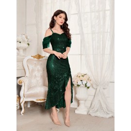 Stunning Sequined Fitted V-Neck Dress - Glamorous Ruffle Trim, Split Hem, Mid-Elastic Polyester Fabric, Elegant Solid Color Design for Wedding, Engagement, Party, and Banquet Occasions Stunning Sequined Fitted V-Neck Dress - Glamorous Ruffle Trim, Split Hem, Mid-Elastic Polyester Fabric, Elegant Solid Color Design for Wedding, Engagement, Party, and Banquet Occasions