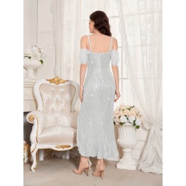 Stunning Sequined Fitted V-Neck Dress - Glamorous Ruffle Trim, Split Hem, Mid-Elastic Polyester Fabric, Elegant Solid Color Design for Wedding, Engagement, Party, and Banquet Occasions Stunning Sequined Fitted V-Neck Dress - Glamorous Ruffle Trim, Split Hem, Mid-Elastic Polyester Fabric, Elegant Solid Color Design for Wedding, Engagement, Party, and Banquet Occasions