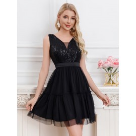 Sequin Plunging Cinched Waist Dress, Elegant Sleeveless Layered Mesh Hem Tank Dress For Party & Banquet, Women's Clothing