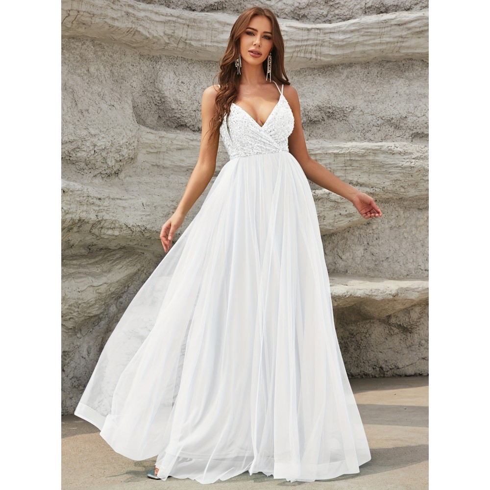 Elegant Sequined Mesh Big Swing Sleeveless Bridesmaid Dress, V-Neck Splicing Wedding Party Dress for Women Elegant Sequined Mesh Big Swing Sleeveless Bridesmaid Dress, V-Neck Splicing Wedding Party Dress for Women