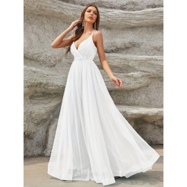 Elegant Sequined Mesh Big Swing Sleeveless Bridesmaid Dress, V-Neck Splicing Wedding Party Dress for Women Elegant Sequined Mesh Big Swing Sleeveless Bridesmaid Dress, V-Neck Splicing Wedding Party Dress for Women