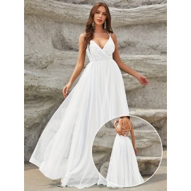 Elegant Sequined Mesh Big Swing Sleeveless Bridesmaid Dress, V-Neck Splicing Wedding Party Dress for Women Elegant Sequined Mesh Big Swing Sleeveless Bridesmaid Dress, V-Neck Splicing Wedding Party Dress for Women