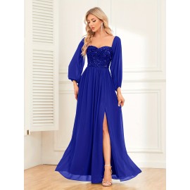 Women's Elegant Long-Sleeved Dress - Solid Color, Multi-Wear, One-Shoulder, High Slit, Tie, Fully Lined, Sequined Chiffon, Perfect for Wedding, Party, Cocktail Events Women's Elegant Long-Sleeved Dress - Solid Color, Multi-Wear, One-Shoulder, High Slit, Tie, Fully Lined, Sequined Chiffon, Perfect for Wedding, Party, Cocktail Events