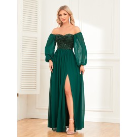 Women's Elegant Long-Sleeved Dress - Solid Color, Multi-Wear, One-Shoulder, High Slit, Tie, Fully Lined, Sequined Chiffon, Perfect for Wedding, Party, Cocktail Events Women's Elegant Long-Sleeved Dress - Solid Color, Multi-Wear, One-Shoulder, High Slit, Tie, Fully Lined, Sequined Chiffon, Perfect for Wedding, Party, Cocktail Events