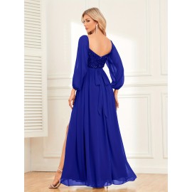 Women's Elegant Long-Sleeved Dress - Solid Color, Multi-Wear, One-Shoulder, High Slit, Tie, Fully Lined, Sequined Chiffon, Perfect for Wedding, Party, Cocktail Events Women's Elegant Long-Sleeved Dress - Solid Color, Multi-Wear, One-Shoulder, High Slit, Tie, Fully Lined, Sequined Chiffon, Perfect for Wedding, Party, Cocktail Events