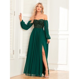 Women's Elegant Long-Sleeved Dress - Solid Color, Multi-Wear, One-Shoulder, High Slit, Tie, Fully Lined, Sequined Chiffon, Perfect for Wedding, Party, Cocktail Events Women's Elegant Long-Sleeved Dress - Solid Color, Multi-Wear, One-Shoulder, High Slit, Tie, Fully Lined, Sequined Chiffon, Perfect for Wedding, Party, Cocktail Events