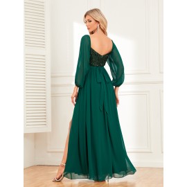 Women's Elegant Long-Sleeved Dress - Solid Color, Multi-Wear, One-Shoulder, High Slit, Tie, Fully Lined, Sequined Chiffon, Perfect for Wedding, Party, Cocktail Events Women's Elegant Long-Sleeved Dress - Solid Color, Multi-Wear, One-Shoulder, High Slit, Tie, Fully Lined, Sequined Chiffon, Perfect for Wedding, Party, Cocktail Events