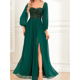Women's Elegant Long-Sleeved Dress - Solid Color, Multi-Wear, One-Shoulder, High Slit, Tie, Fully Lined, Sequined Chiffon, Perfect for Wedding, Party, Cocktail Events Women's Elegant Long-Sleeved Dress - Solid Color, Multi-Wear, One-Shoulder, High Slit, Tie, Fully Lined, Sequined Chiffon, Perfect for Wedding, Party, Cocktail Events