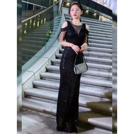 Stunning Sequined Bodycon Maxi Dress - Women's Clothing - Elegant Cold Shoulder, Mesh Splicing, Fringe Hem, Party & Banquet Perfect, Chic and Glamorous Stunning Sequined Bodycon Maxi Dress - Women's Clothing - Elegant Cold Shoulder, Mesh Splicing, Fringe Hem, Party & Banquet Perfect, Chic and Glamorous