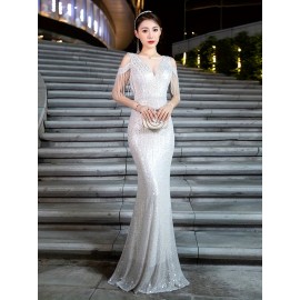 Stunning Sequined Bodycon Maxi Dress - Women's Clothing - Elegant Cold Shoulder, Mesh Splicing, Fringe Hem, Party & Banquet Perfect, Chic and Glamorous Stunning Sequined Bodycon Maxi Dress - Women's Clothing - Elegant Cold Shoulder, Mesh Splicing, Fringe Hem, Party & Banquet Perfect, Chic and Glamorous