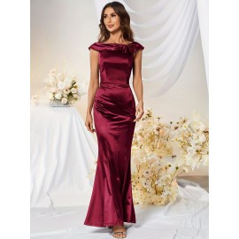 Bodycon Solid Mermaid Dress, Elegant Short Sleeve Dress For Party & Banquet, Women's Clothing Bodycon Solid Mermaid Dress, Elegant Short Sleeve Dress For Party & Banquet, Women's Clothing