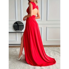 Elegant Surplice Neck A-line Floor Length Formal Dress - Solid Color, Split Thigh, Perfect for Party & Banquet, Women's Clothing, Evening Wear Elegant Surplice Neck A-line Floor Length Formal Dress - Solid Color, Split Thigh, Perfect for Party & Banquet, Women's Clothing, Evening Wear