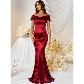 1pc MUXXN Elegant Satin Mermaid Gown for Women - Off the Shoulder Cap Sleeve Bodycon Floor-Length Dress, Solid Color Knit Fabric, All-Season Bodycon for Wedding Bridesmaid