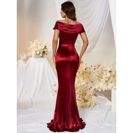 1pc MUXXN Elegant Satin Mermaid Gown for Women - Off the Shoulder Cap Sleeve Bodycon Floor-Length Dress, Solid Color Knit Fabric, All-Season Bodycon for Wedding Bridesmaid 1pc MUXXN Elegant Satin Mermaid Gown for Women - Off the Shoulder Cap Sleeve Bodycon Floor-Length Dress, Solid Color Knit Fabric, All-Season Bodycon for Wedding Bridesmaid