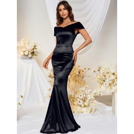 1pc MUXXN Elegant Satin Mermaid Gown for Women - Off the Shoulder Cap Sleeve Bodycon Floor-Length Dress, Solid Color Knit Fabric, All-Season Bodycon for Wedding Bridesmaid 1pc MUXXN Elegant Satin Mermaid Gown for Women - Off the Shoulder Cap Sleeve Bodycon Floor-Length Dress, Solid Color Knit Fabric, All-Season Bodycon for Wedding Bridesmaid