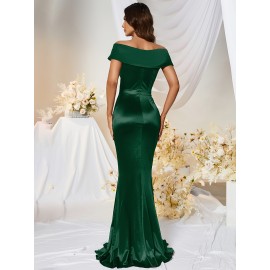 1pc MUXXN Elegant Satin Mermaid Gown for Women - Off the Shoulder Cap Sleeve Bodycon Floor-Length Dress, Solid Color Knit Fabric, All-Season Bodycon for Wedding Bridesmaid 1pc MUXXN Elegant Satin Mermaid Gown for Women - Off the Shoulder Cap Sleeve Bodycon Floor-Length Dress, Solid Color Knit Fabric, All-Season Bodycon for Wedding Bridesmaid