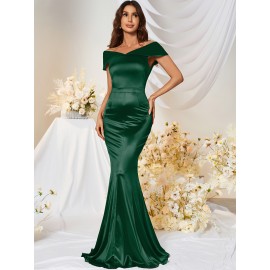 1pc MUXXN Elegant Satin Mermaid Gown for Women - Off the Shoulder Cap Sleeve Bodycon Floor-Length Dress, Solid Color Knit Fabric, All-Season Bodycon for Wedding Bridesmaid 1pc MUXXN Elegant Satin Mermaid Gown for Women - Off the Shoulder Cap Sleeve Bodycon Floor-Length Dress, Solid Color Knit Fabric, All-Season Bodycon for Wedding Bridesmaid