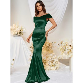 1pc MUXXN Elegant Satin Mermaid Gown for Women - Off the Shoulder Cap Sleeve Bodycon Floor-Length Dress, Solid Color Knit Fabric, All-Season Bodycon for Wedding Bridesmaid 1pc MUXXN Elegant Satin Mermaid Gown for Women - Off the Shoulder Cap Sleeve Bodycon Floor-Length Dress, Solid Color Knit Fabric, All-Season Bodycon for Wedding Bridesmaid